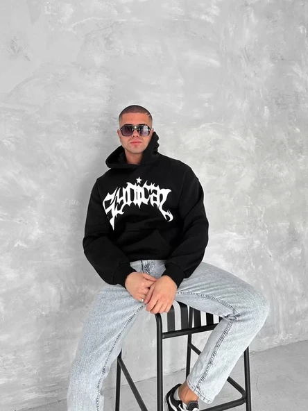 Unisex Üç İplik Kapüşonlu Baskılı SweatShirt - Siyah - Resim 2