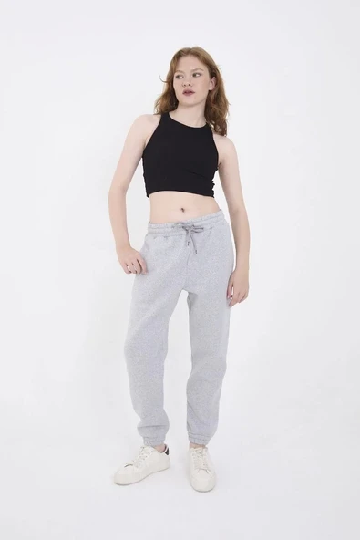 Üç İplik Basic Lastikli Eşofman Pantolon - Gri - Resim 5