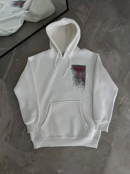 Uzun Kol Kapüşonlu Ön Ve Arka Baskılı SweatShirt - Beyaz - 4
