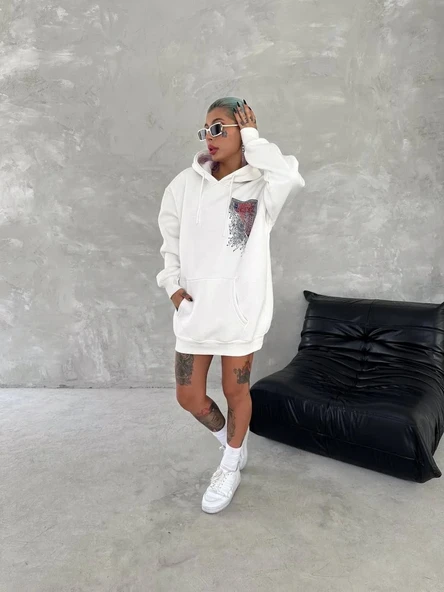 Uzun Kol Kapüşonlu Ön Ve Arka Baskılı SweatShirt - Beyaz - 7