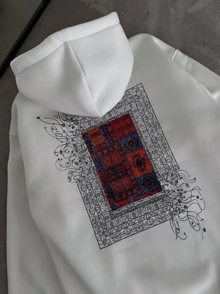 Uzun Kol Kapüşonlu Ön Ve Arka Baskılı SweatShirt - Beyaz - 6