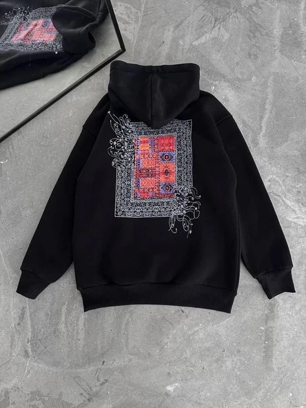 Uzun Kol Kapüşonlu Ön Ve Arka Baskılı SweatShirt - Siyah - Resim 5