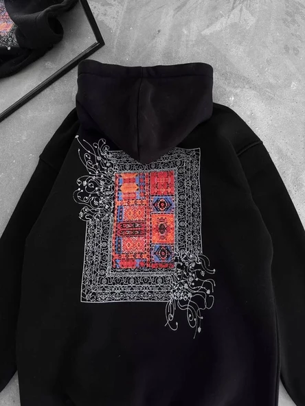 Uzun Kol Kapüşonlu Ön Ve Arka Baskılı SweatShirt - Siyah - Resim 3