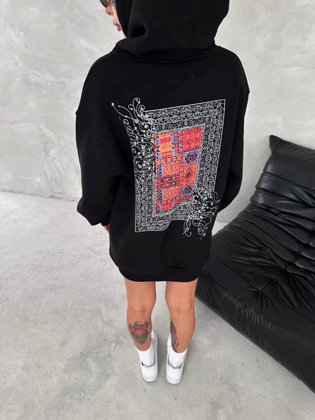 Uzun Kol Kapüşonlu Ön Ve Arka Baskılı SweatShirt - Siyah - Resim 8