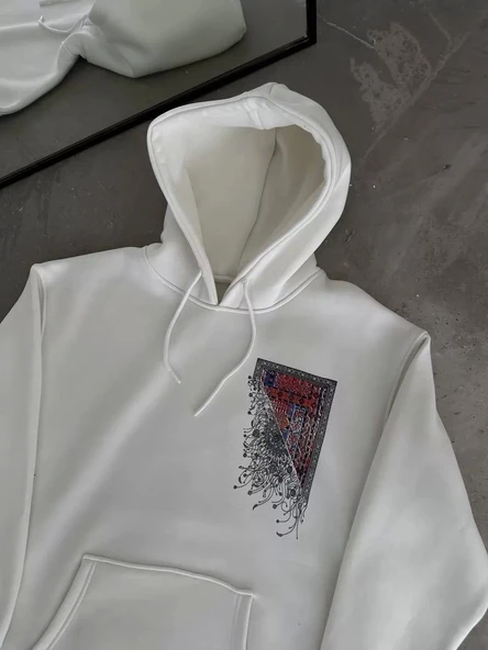 Uzun Kol Kapüşonlu Ön Ve Arka Baskılı SweatShirt - Beyaz - 2