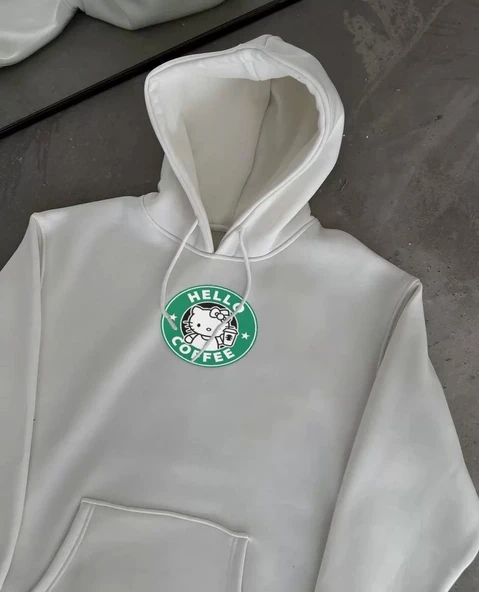 Üç İplik Penye Uzun Kol Kapüşonlu SweatShirt - Beyaz ürün görseli 1