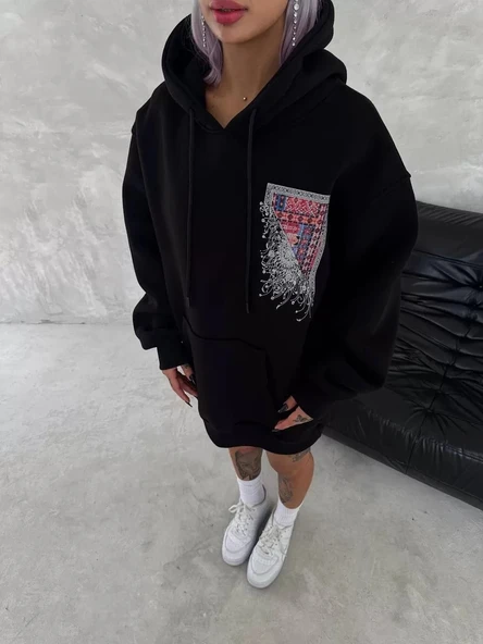 Uzun Kol Kapüşonlu Ön Ve Arka Baskılı SweatShirt - Siyah - Resim 7