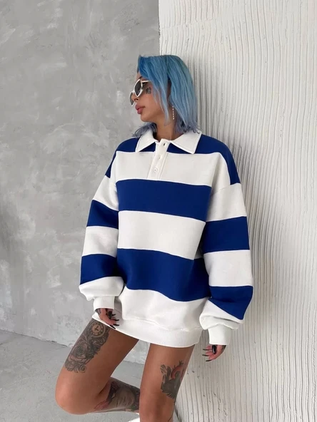 Unisex Üç İplik Parçalı Yakalı SweatShirt - Mavi - Resim 7