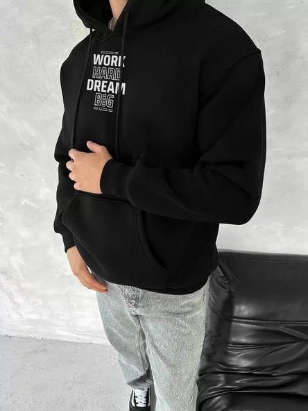 Kışlık Üç İplik Kapüşonlu SweatShirt - Siyah ürün görseli
