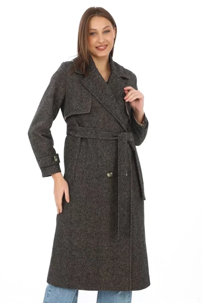 Kadın Balık Sırtı Kaşmir Uzun Kaşe Kaban - Kahverengi - 4