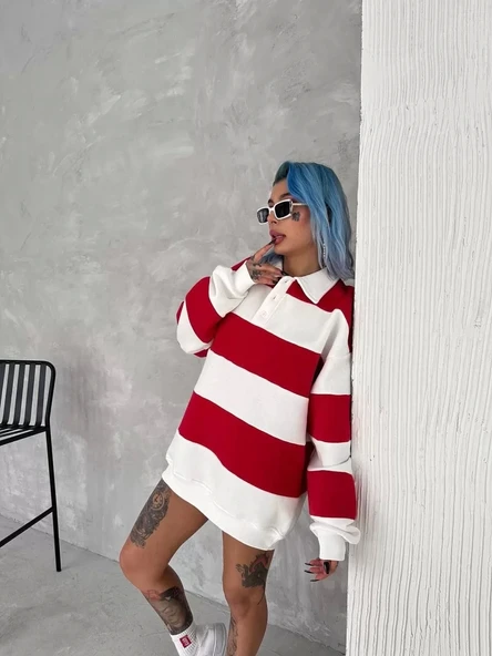 Unisex Üç İplik Parçalı Yakalı SweatShirt - Kırmızı - Resim 5