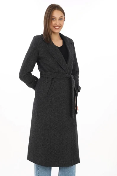 Kadın Astarlı Balık Sırtı Kaşmir Kaşe Kaban - Siyah - 8