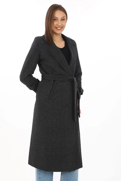 Kadın Astarlı Balık Sırtı Kaşmir Kaşe Kaban - Siyah - 7