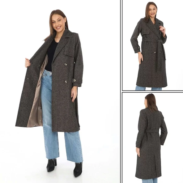 Kadın Balık Sırtı Kaşmir Uzun Kaşe Kaban - Kahverengi - 6