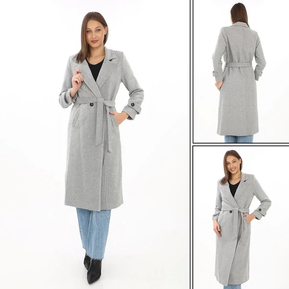 Kadın Astarlı Balık Sırtı Kaşmir Kaşe Kaban - Gri - 8