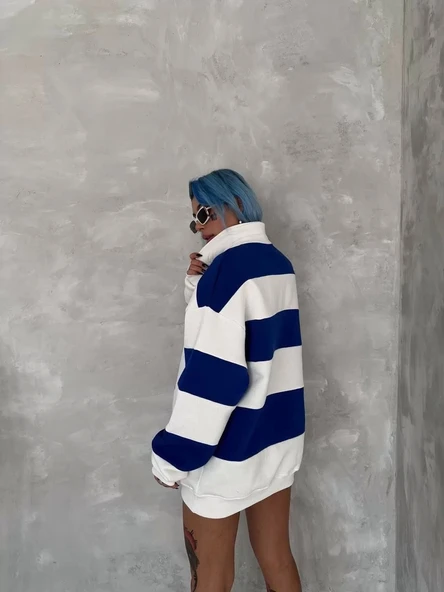 Unisex Üç İplik Parçalı Yakalı SweatShirt - Mavi - Resim 2