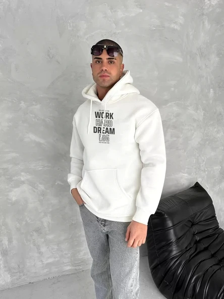 Kışlık Üç İplik Kapüşonlu SweatShirt - Beyaz ürün görseli 1