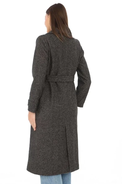 Kadın Balık Sırtı Kaşmir Uzun Kaşe Kaban - Kahverengi - 2