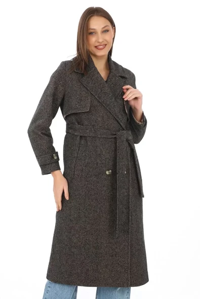 Kadın Balık Sırtı Kaşmir Uzun Kaşe Kaban - Kahverengi - 3