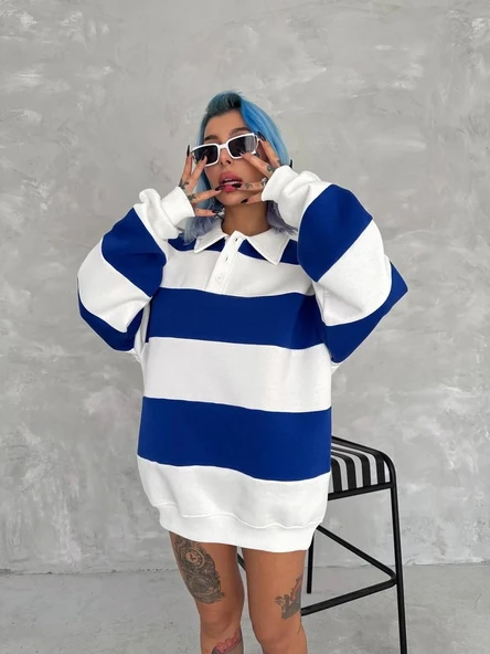 Unisex Üç İplik Parçalı Yakalı SweatShirt - Mavi - Resim 8