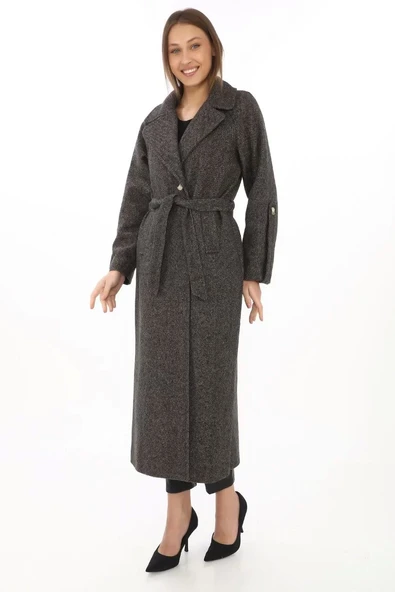 Kadın Kolu Apoletli Astarlı Kaşmir Kaşe Kaban - Füme - 7