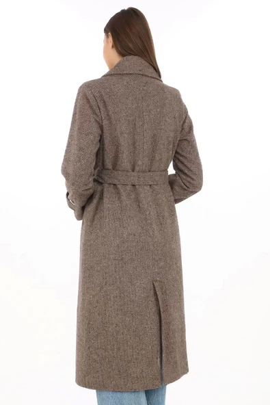 Kadın Balık Sırtı Kaşmir Uzun Kaşe Kaban - Vizon - 5