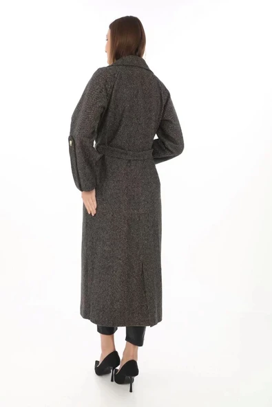 Kadın Kolu Apoletli Astarlı Kaşmir Kaşe Kaban - Füme - 4