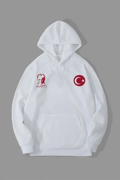 10 Kasıma Özel Üç İplik Kapüşonlu Baskılı SweatShirt - Beyaz ürün görseli