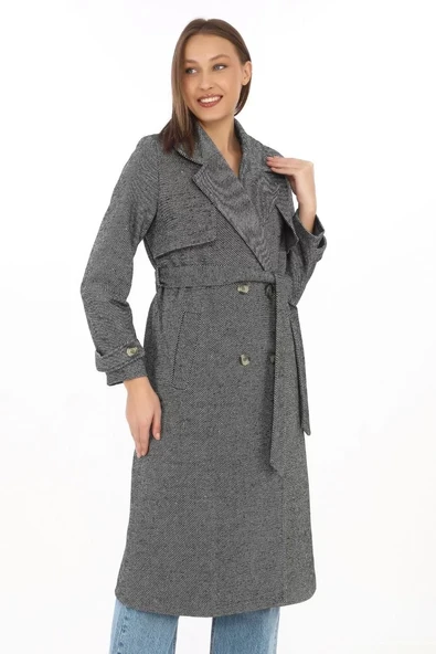 Kadın Balık Sırtı Kaşmir Uzun Kaşe Kaban - Boyalı Gri - 8