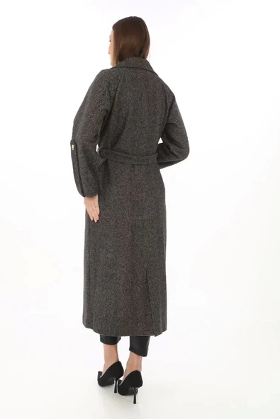 Kadın Kolu Apoletli Astarlı Kaşmir Kaşe Kaban - Füme - 2