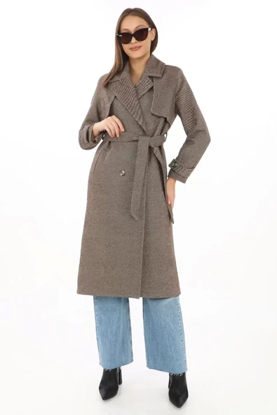 Kadın Balık Sırtı Kaşmir Uzun Kaşe Kaban - Vizon - 6