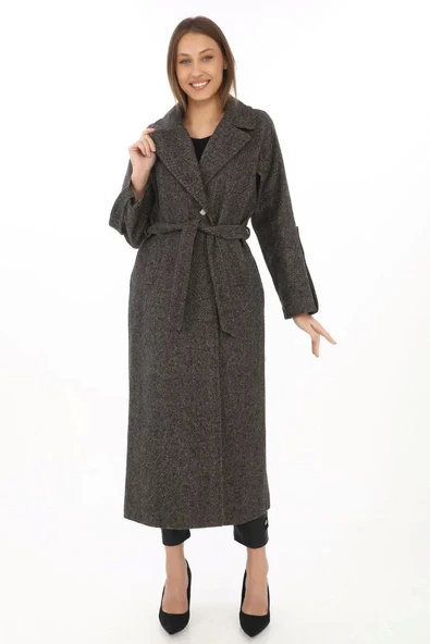 Kadın Kolu Apoletli Astarlı Kaşmir Kaşe Kaban - Füme - 5