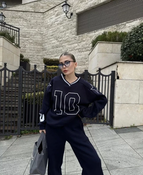 V Yaka Üç İplik Sweat Takım - Siyah - Resim 5