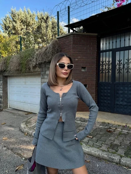 İkili Fermuarlı Hırkalı Etekli Takım - Füme - Resim 3