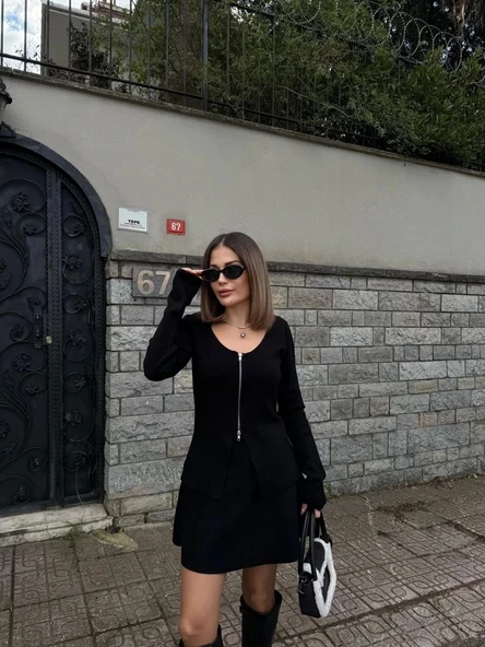 İkili Fermuarlı Hırkalı Etekli Takım - Siyah - Resim 4