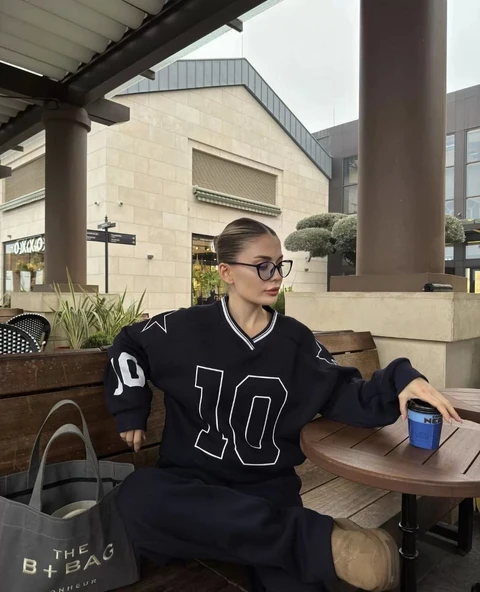 V Yaka Üç İplik Sweat Takım - Siyah ürün görseli 1