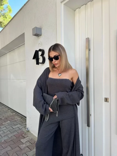 Kadın Triko Üçlü Takım - Füme - Resim 7