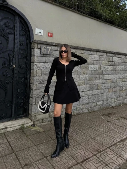 İkili Fermuarlı Hırkalı Etekli Takım - Siyah - Resim 3