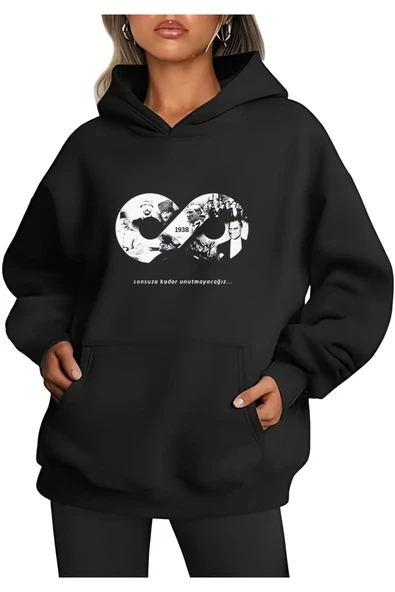 Üç İplik kapüşonlu 10 Kasıma Özel SweatShirt - Siyah ürün görseli 1