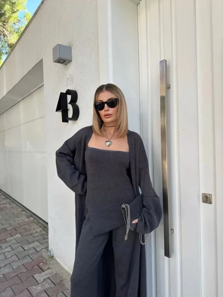 Kadın Triko Üçlü Takım - Füme - Resim 2