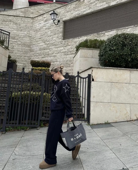 V Yaka Üç İplik Sweat Takım - Siyah - Resim 8