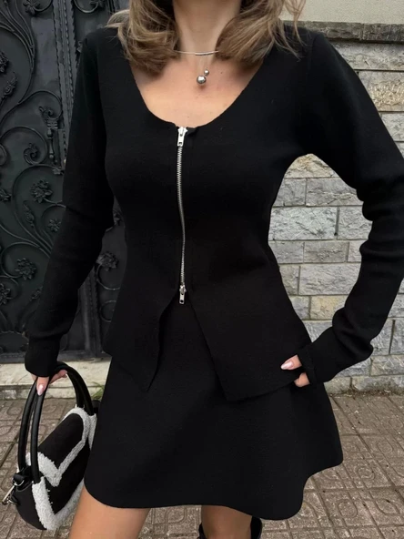 İkili Fermuarlı Hırkalı Etekli Takım - Siyah ürün görseli 1