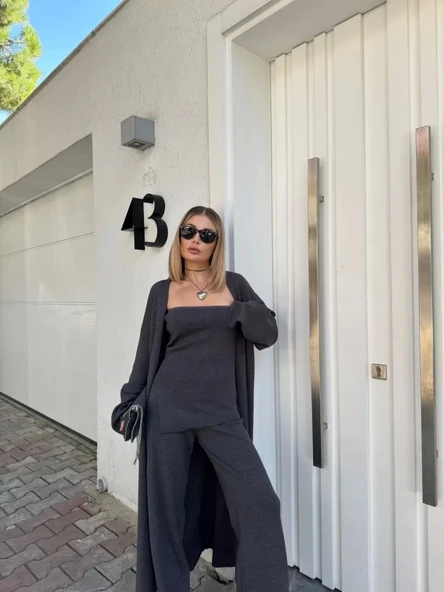 Kadın Triko Üçlü Takım - Füme - Resim 3