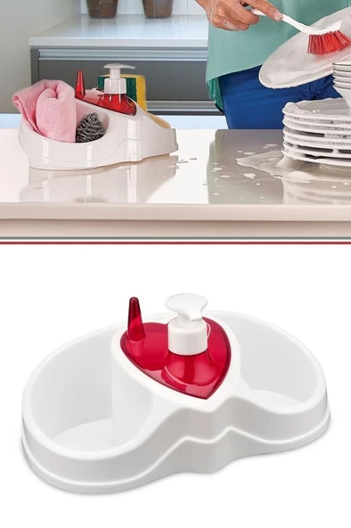 3 Bölmeli Bulaşık Seti, Sünger Fırça Deterjan Bölmeli Mutfak Sıvı Sabunluğu & Bulaşık Deterjanlığı ürün görseli 1