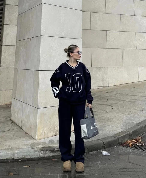 V Yaka Üç İplik Sweat Takım - Siyah - Resim 3