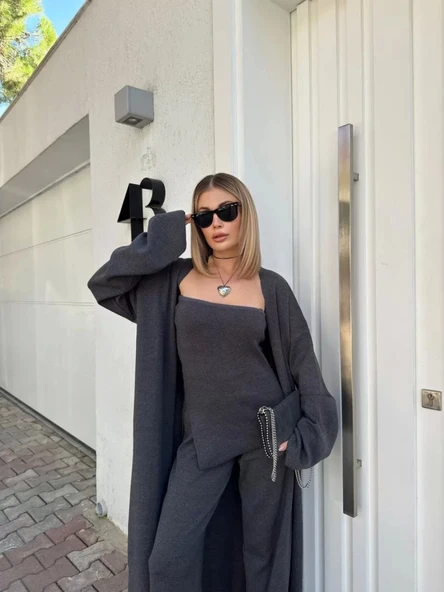 Kadın Triko Üçlü Takım - Füme - Resim 4