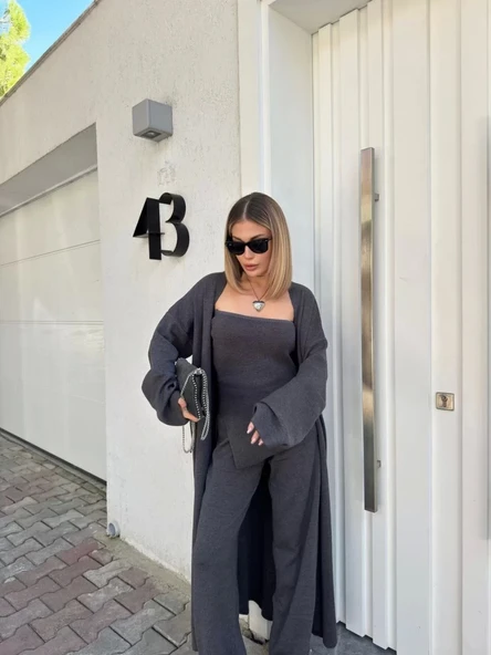 Kadın Triko Üçlü Takım - Füme ürün görseli 1