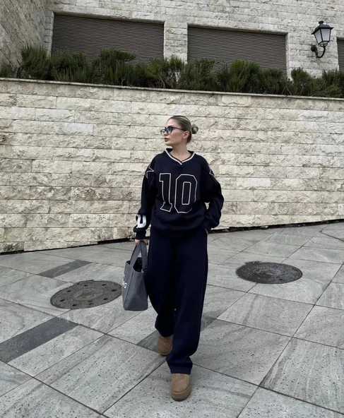 V Yaka Üç İplik Sweat Takım - Siyah - Resim 7