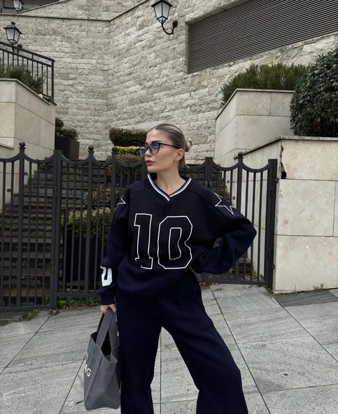 V Yaka Üç İplik Sweat Takım - Siyah - Resim 4