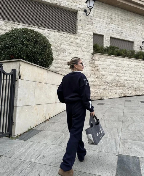 V Yaka Üç İplik Sweat Takım - Siyah - Resim 6